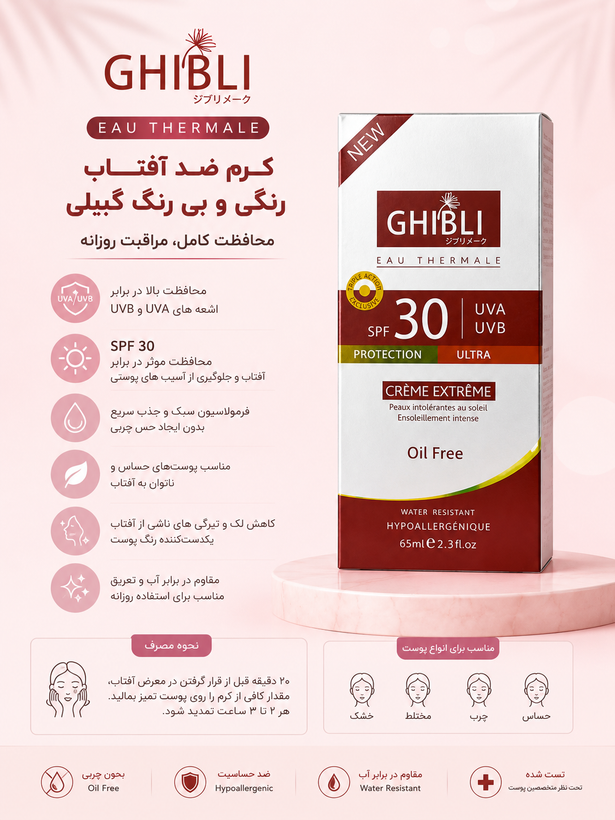 کرم ضدآفتاب رنگی و بی رنگ مناسب انواع پوست گبیلی